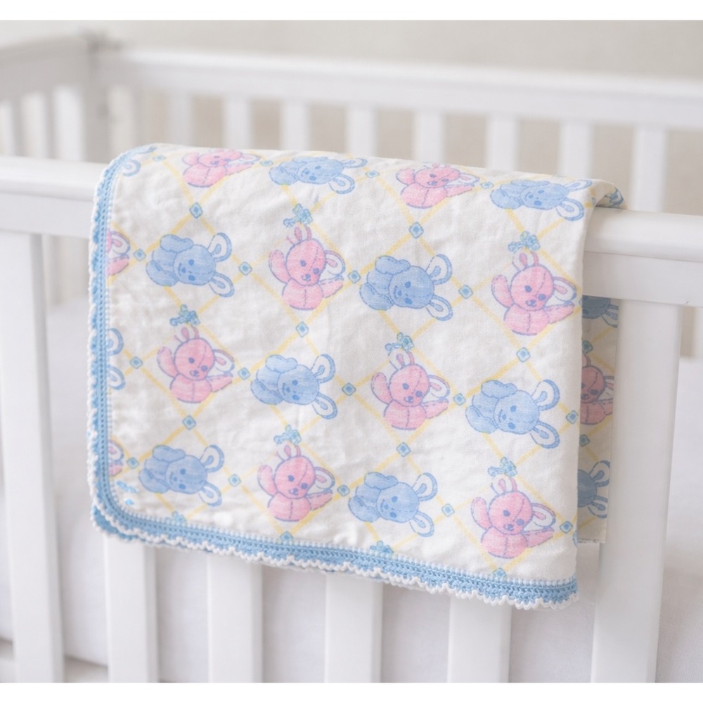 WB11 Vintage Pastel Bunny Baby‎ Blanket Pink Blue Gender Neutral 1990s USA Retro